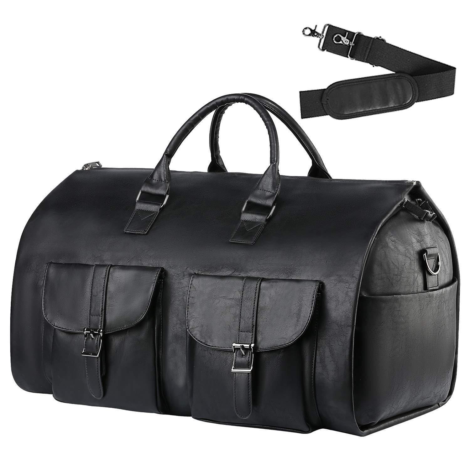 The Convertible Duffle Garment Bag - Leather - Black - CozyBuys